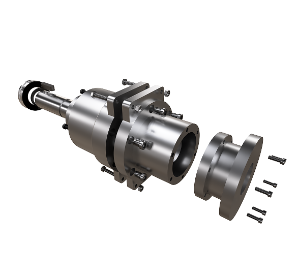 Exploded 3D render of an engineered mechanical assembly